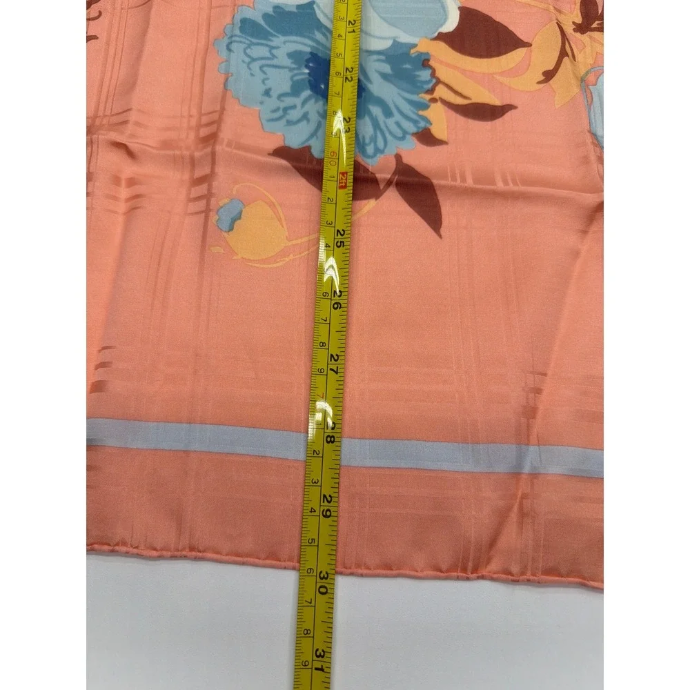 Christian Dior Vintage Silk Scarf Coral Pink Blue Floral Plaid‎ Jacquard 30x30